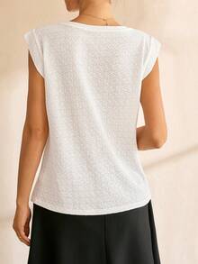 Lymera Summer Casual Solid Color Textured Wide Shoulder T-Shirt - White - View 3