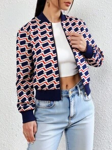 Chaqueta Ligera para Dama con Estampado y Diseño de Cuello Baseball - Ideal para Primavera y Otoño, Moda Femenina Elegante - Azul Marino - Ver 3