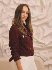 Aralina 冬夏两季短款牛仔机车夹克，饰有金色滚边细节 - 酒紅色 - 查看 6