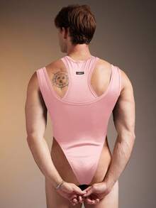 FeverCity Men's Fashionable Solid Color Hollow Out Sleeveless Jumpsuit - Pink - View 2