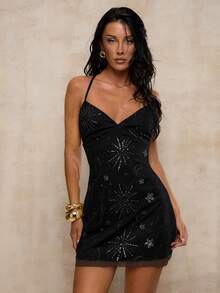 Glamine Women's Mesh Backless Tie Strap Elegant Romantic Sexy Date Dress Black Dresses For Women Black Club Dress Black Mini Dresses Black Glitter Dress Black Vacation Dress - Black - View 4