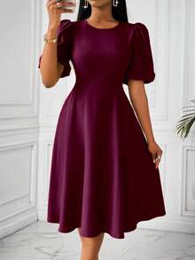 Lyxana Women Long Puff Sleeve Cinched Waist Green Dress Spring Summer Maxi Women Outfit - Burgundy - View 3