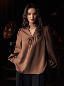 Uhlyne Uhlyne Women's V-Neck Lantern Sleeve Loose Blouse, Spring/Autumn - Brown - View 2