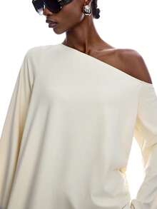 LYSMO 2026 新款极简主义春夏女装纯色不对称肩部不对称下摆时尚百搭度假长袖T恤 夏季/情人节/生日/外出上衣/女士外出上衣/优雅女式衬衫/女士休闲衬衫/度假/Y2K - 杏色 - 查看 5