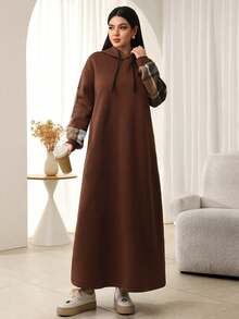 Mulvari Dropped Shoulder Long Sleeve Casual Plaid Patchwork Drawstring Hooded Abaya Dress - Multicolor - View 6