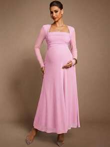 MaterniChic 优雅纯色孕妇连衣裙，适合派对穿着 - 淺粉色 - 查看 3