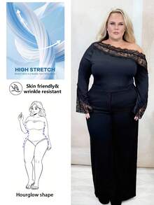 Hourglow Dollyholly86 Plus Size Women Lace Patchwork, Asymmetric, Off Shoulder, Long Sleeve Bodysuit, Suitable For Dates, Valentine's Day, For Hourglass Body Shape, For Body Shape, For Summer - Black - View 1