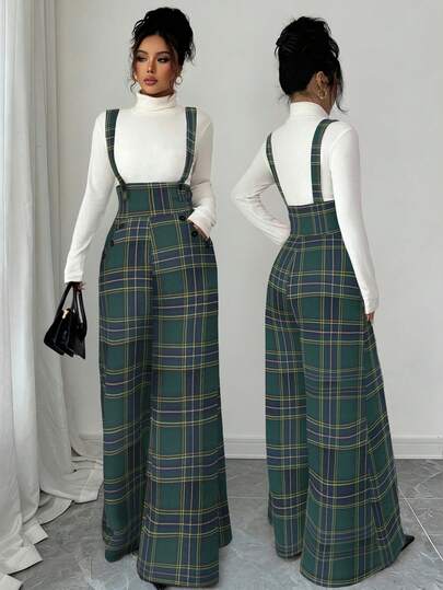 Elenzga Women's Plaid Pocketed Fashionable Versatile Vacation Jumpsuit With Wide Leg