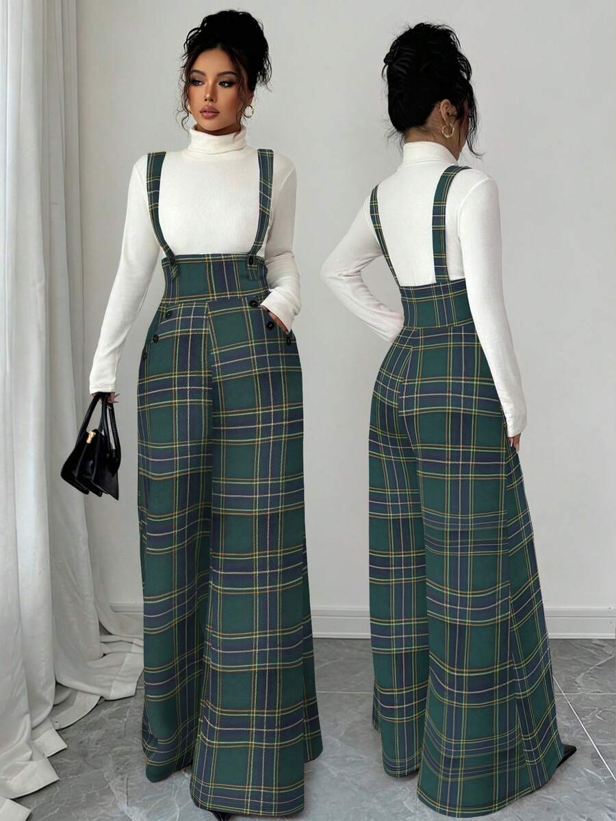 Elenzga Bộ jumpsuit nữ kẻ caro có túi, thời trang, đa năng, thích hợp cho kỳ nghỉ, với ống quần rộng. - Màu xanh lá cây đậm - Xem 1