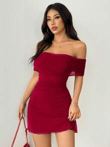 SHEIN EZwear 女士纯红色极简露肩连衣裙，适合日常穿着，情人节红色连衣裙，新年红色连衣裙 - 紅色 - 查看 5