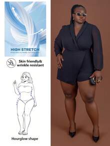 CurvyTilda 大码女式纯色披肩领灯笼袖不对称下摆优雅连体裤