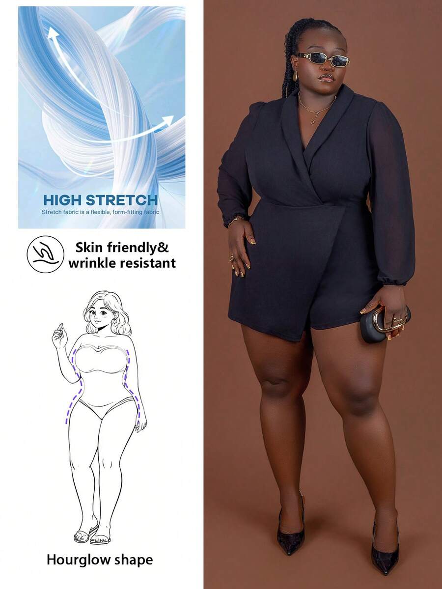 CurvyTilda 大码女式纯色披肩领灯笼袖不对称下摆优雅连体裤