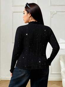 SHEIN EZwear 罗纹亮片T恤，修身显瘦，适合日常穿着和新年派对，大码T恤 - 黑色 - 查看 2