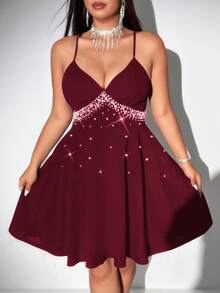 Viva Relle Đầm hai dây lãng mạn, thanh lịch, sang trọng dành cho phụ nữ cỡ lớn, đính ngọc trai giả. - Màu Đỏ Sâu - Xem 5