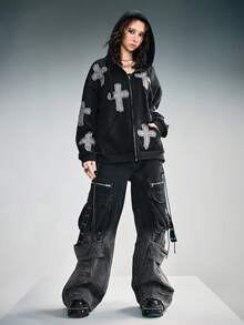 ROMWE Grunge Punk Oversized Cross Embroidered Zip-Up Sweatshirt For Women - Black - View 6