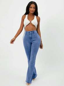 EURMUSE Cotton Women's High Waist Casual Flare Legs Jeans - Blue - View 3