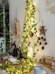 1条2米人造常春藤叶植物，带LED灯串，AA电池盒供电绿色藤蔓花环吊灯，适用于墙壁、派对、婚礼、房间、家庭厨房室内外节日装饰（不含电池） - 暖光常春藤 - 查看 5