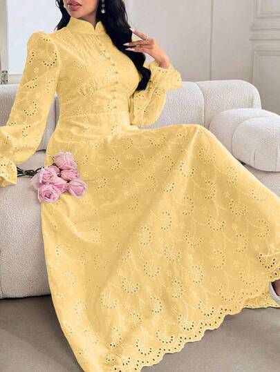 Modelyn Plus Size Women French Style Mandarin Collar Embroidered Puff Sleeve Dress