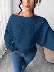 Elenzga Plus Size Batwing Sleeve Drawstring Asymmetrical Knitted Sweater, Thick White Pullover Top For Winter - Royal Blue - View 7