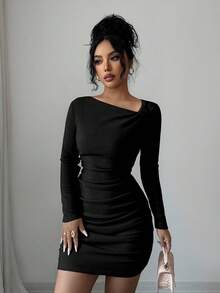 Selianne Women's Solid Color Oblique Shoulder Long Sleeve Fitted Ribbed Dress - Black - View 3