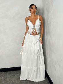SHEIN BAE 女士夏季海滩度假浪漫约会日常外出蕾丝拼接吊带背心+低腰褶皱A字长裙套装，白色亚麻面料