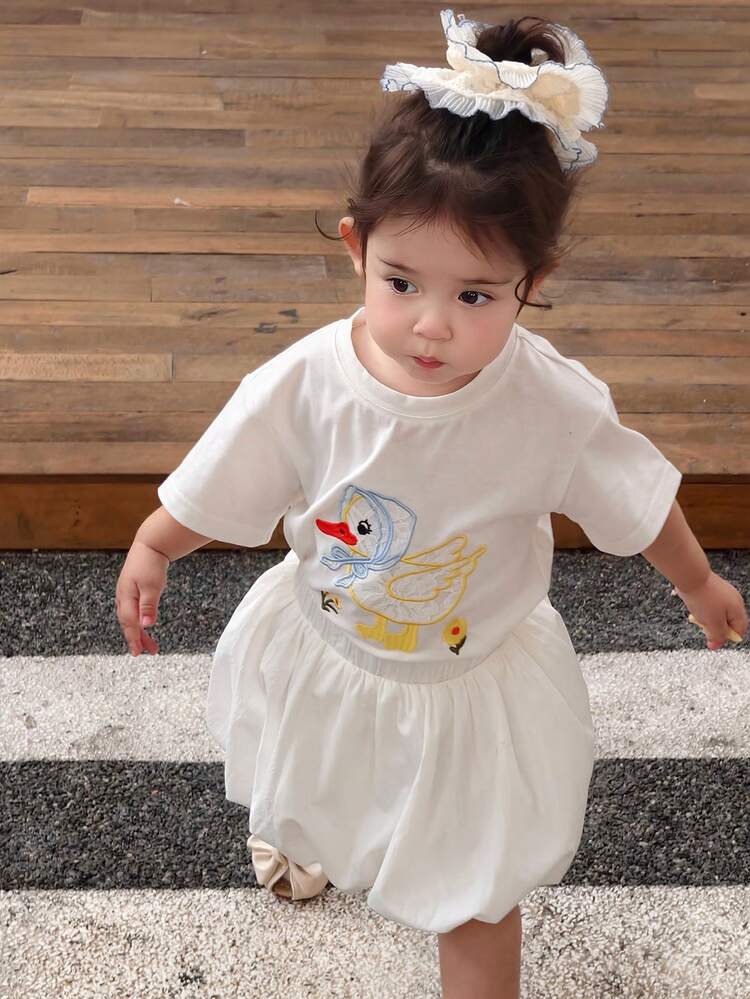Baby Girls' Round Neck Cartoon Embroidered Casual Top, Summer Spring Toddler Girls Clothes