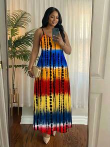 SHEIN Lady Spring And Summer Casual Stitch Contrast Tie-Dye Pattern Print Beach Spaghetti Strap Ball Gown Suspender Dress Plus Size Dress Plaid Dress African Dress Suitable For Going Out Chic Dress - Multicolor - View 3