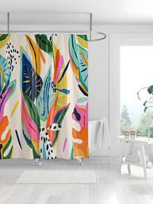 1pc [Vibrant Shower Curtain] Tropical Leaf Print Non-Light-Blocking Shower Curtain | Colorful Retro Design With 12 Hooks, Machine Washable Polyester | Yellow Blue Pink Green Pattern For Bathroom Decor, Shower Curtain For Bathrooms - Multicolor - View 7