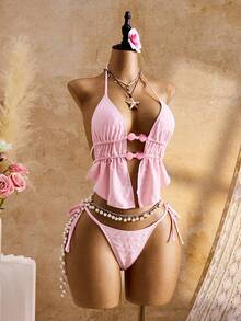 Bellisia 女士露背系带串珠连接荷叶边下摆度假沙滩吊带泳衣套装 - 粉色 - 查看 4