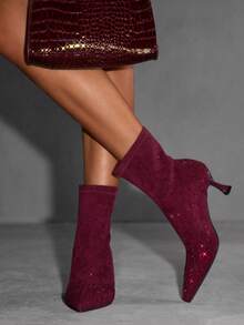 CUCCOO SZL Fashionable & Elegant Rhinestone Embellished High Heel Ankle Boots, Suitable For Commuting Valentine's Day - Burgundy - View 10