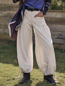 Quần ống rộng có dây rút thời trang thường ngày - Màu be - Xem 1