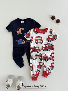 Cozy Pixies 男婴四件套贴身睡衣套装，卡通汽车印花柔软针织圆领短袖上衣和松紧腰长裤 - 彩色 - 查看 2