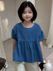DAZY Young Girls Round Neck Casual Ruffle Hem Washed Loose Short Sleeve Denim