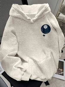 EMERY ROSE Plus Size Women Geometric Print Long Sleeve Pocket Fleece Sweatshirt - Light Grey - View 2