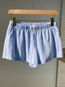 Comfortcana 女士字母条纹休闲宽松短裤 - 藍色 - 查看 6