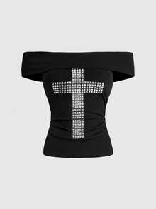 ROMWE Grunge Punk Top corto negro sin tirantes con cordón y adornado con tachuelas y cristales, estilo Y2K - Negro - Ver 5