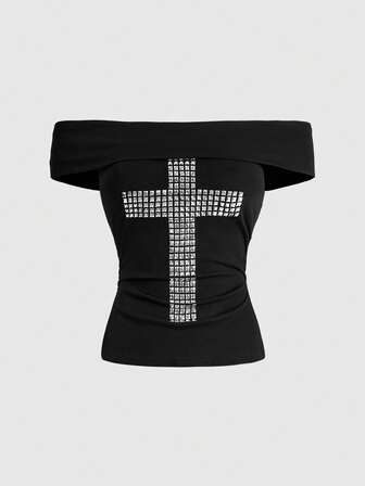 Grunge Punk Y2K Kreuz-Nieten-Strass-Schwarzes trägerloses Crop Top mit Kordelzug und Off-Shoulder