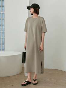 Dazy-Less Ladies" Summer Round Neck Drop Shoulder Short Sleeve Loose Solid Color Casual Dress Sundress Business Casual Women Maxi Dress - Grey - View 3
