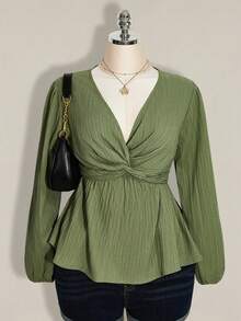 SHEIN ICON Plus Size Women Twist Knot Textured Black Lantern Sleeve Top - Mint Green - View 3
