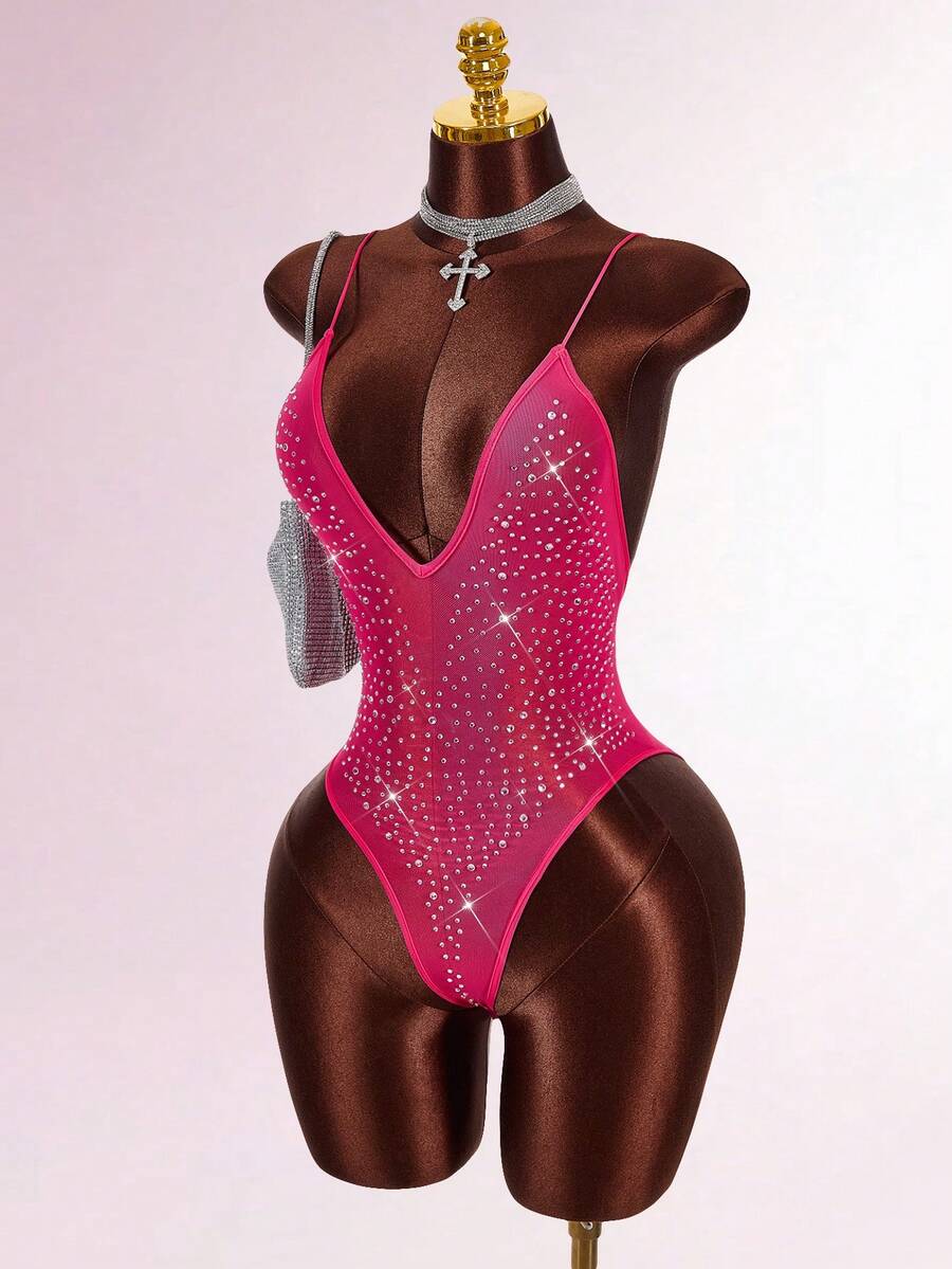 Amplova Rhinestone Glitter Backless Sheer Sexy Bodysuit For Party - Hot Pink - View 1