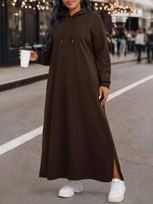 EMERY ROSE Damen Große Größen Einfarbiges Thermofutter Lässiges Kapuzen-Sweatshirt-Kleid, Herbst/Winter - Kaffeebraun - Übersicht 4