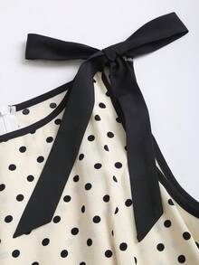 SHEIN Sweetro Đầm dài dáng chữ A kiểu Pháp cổ điển thanh lịch màu mơ chấm bi thắt nơ eo, kiểu công chúa ngọt ngào, thích hợp cho mùa xuân/hè. - Màu be - Xem 3
