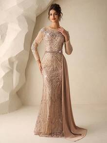 Coutiva Đầm đuôi cá bằng satin đính ren, sequin và ngọc trai sang trọng, thanh lịch, thích hợp cho khách dự đám cưới, tiệc tùng, tiệc chiêu đãi (với nhiều họa tiết trang trí), đầm dạ hội, áo choàng. - Rượu sâm banh - Xem 8