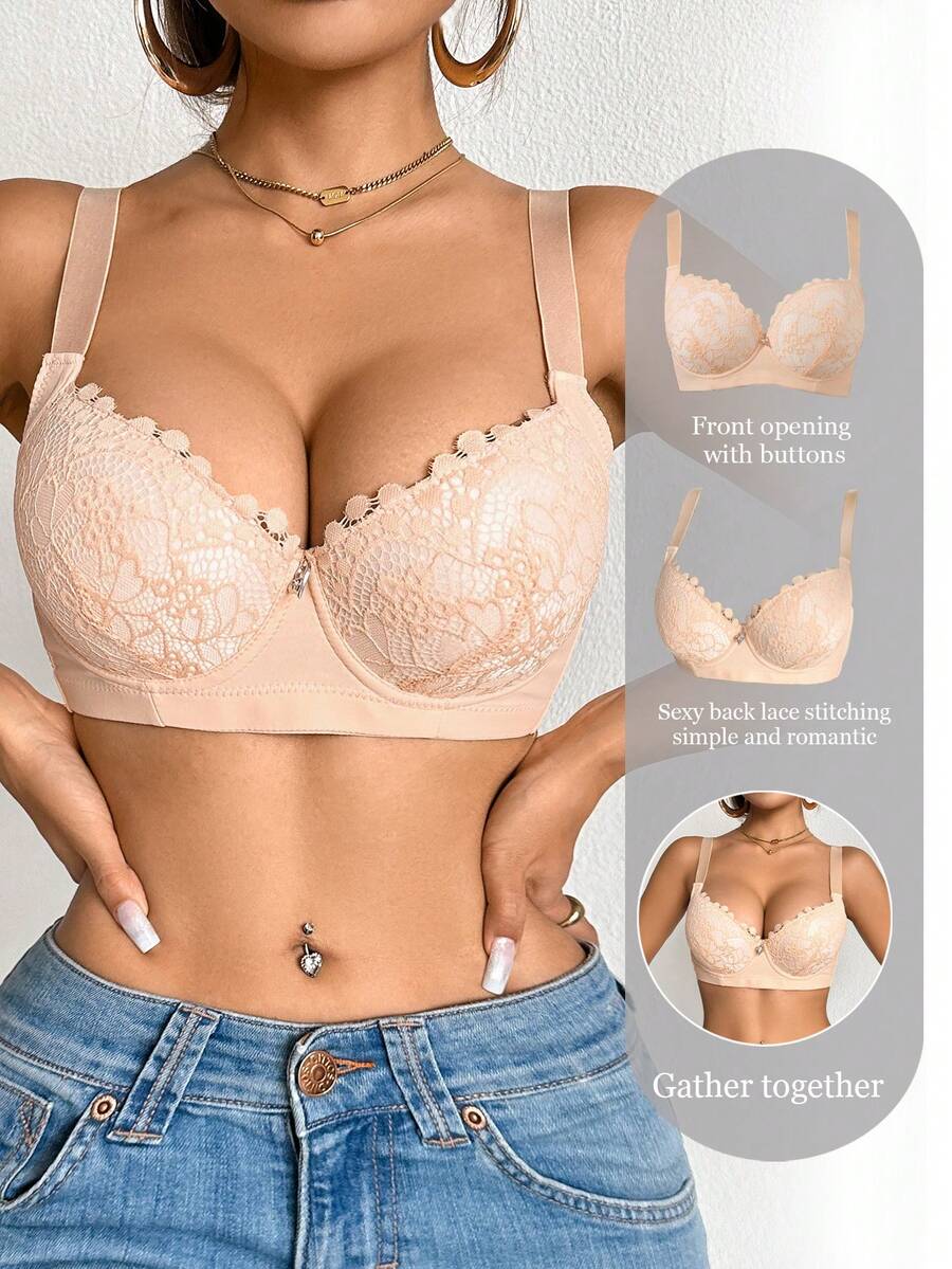 DesireSculpt 1件装女士蕾丝拼接提拉支撑休闲文胸,性感 - 杏色 - 查看 1