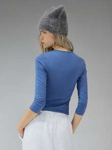 COUREZ Long Sleeve Jersey Top With Front Graphic Print /Y2K Long Sleeve Tops Going Out Tops Women Tops Spring Clothes For Women Blue Top Graphic Tees Women Cute Tops Summer Tops Summer Outfits - Blue - View 3