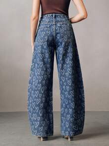 Anewsta Women's Washed Blue Laser Cut Heart Pocket Barrel Leg Jeans - Blue - View 4