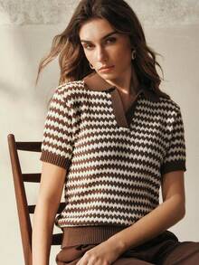 Anewsta French Spring/Summer Vintage Coin Texture Business Casual Striped Brown Patchwork V-Neck Knit Top - Coffee Brown - View 7