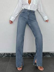 100%Cotton Split Hem Straight Leg Jeans - Light Wash - View 6