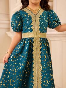 1pc Girls Green Moon & Star Print Floral Trim Princess Style Short Sleeve Mini Dress, Elegant For Daily Wear, School, Party, Photo Shoot, Family Gathering Girls Turquoise Dress Kids Jacquard Dresses Girls Dresses Elegant Teal Toddler Girls Kids Arabic Dress Kids Dresses For Girls Blue - Dark Green - View 6