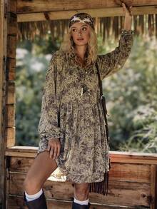 SHEIN Unity Women's Floral Print Loose Fit Ruffle Hem Midi Dress, Early Spring - Multicolor - View 6